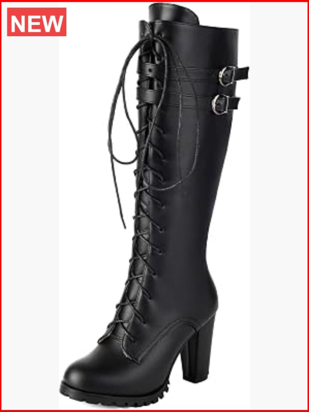 Knee High Combat Boots Lace-Up Chunky Block Heel Double Buckle Tall Boots PU